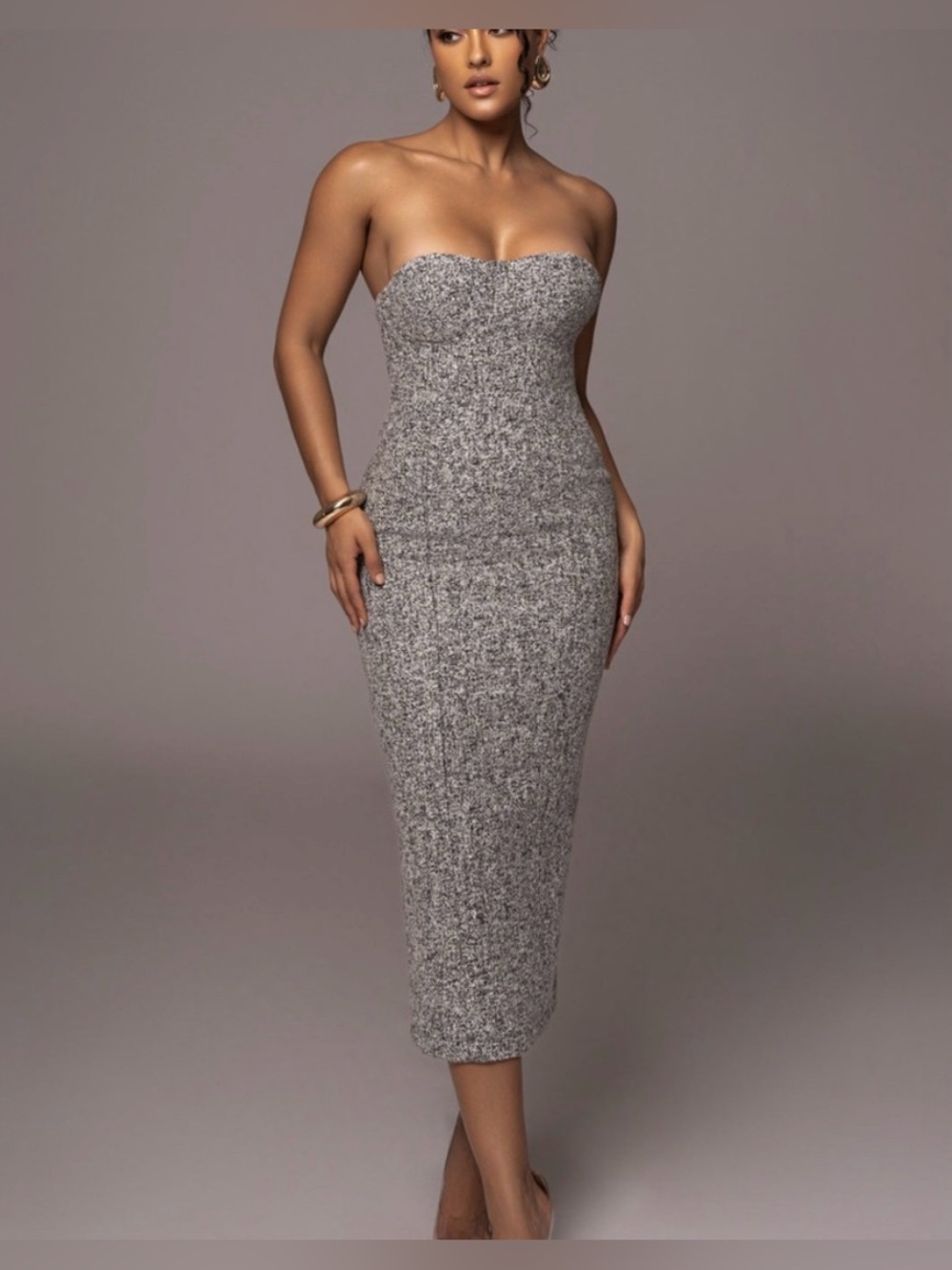 JLUXLABEL Strapless Wool Blend Textured Midi Dress